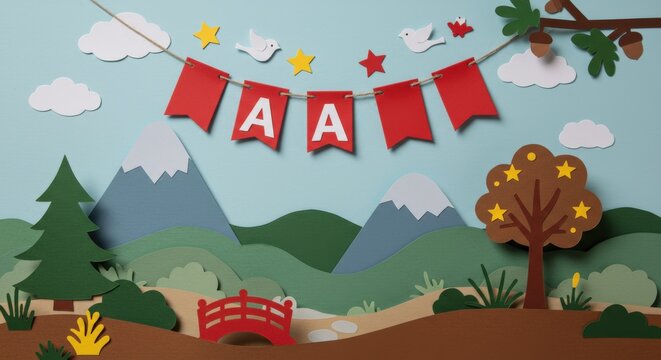 Paper craft landscape with red bunting flags and letter a