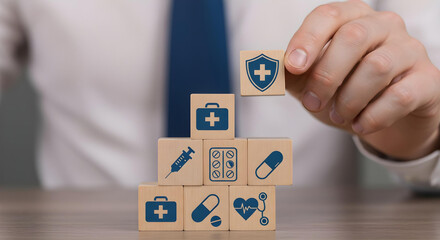 A person's hand carefully arranging wooden blocks, symbolizing healthcare concepts. The blocks showcase various medical icons, with a shield representing protection
