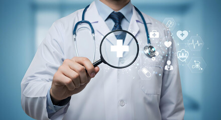 a doctor examining a medical symbol through a magnifying glass with healthcare icons surrounding