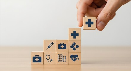 A hand adds the final cube onto a health and well-being tower, healthcare icon on cubes 