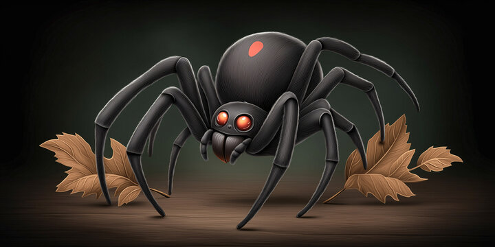 A Realistic Black Widow Spider: A detailed illustration of a black widow spider showcasing its distinctive features, set against a contrasting dark background and dead leaves.