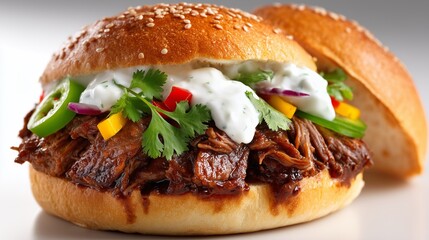 Hot sizzling beef slider on plain bright white background no shadows, high-end burger photography