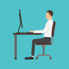 Correct sitting posture. Flat style vector illustration of an office worker at a desk, using a computer