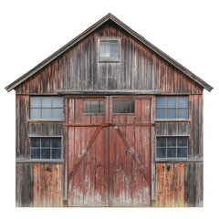Rustic wooden barn with faded red doors and weathered siding located in a serene countryside setting