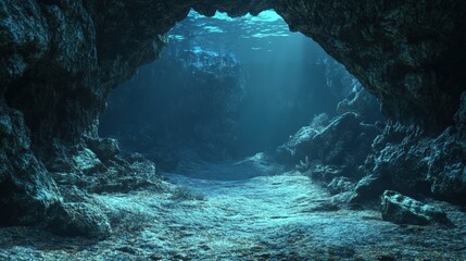 Underwater cave reveals tranquil marine landscape bathed in soft sunlight during midday
