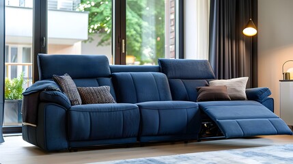 interior of a modern living room with blue sofa and paintings, white wall, HD background wallpaper