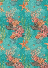 Intricate Underwater Seamless Pattern &mdash; Vibrant Ocean Scene with Coral Pink, Turquoise, and Sunshine Yellow