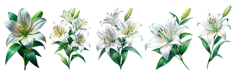 Watercolor White Lily Flowers Set Png, Fresh Botanical Lily Bloom Clipart, Pure White Floral