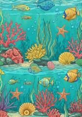 Marine Life Seamless Vector &mdash; Hand-Drawn Coral, Seaweed, and Starfish with Soft Gradients