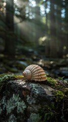 Fototapeta premium Forest Serenity: Seashell on Moss-Covered Stone
