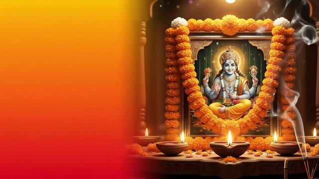 A warm and spiritual animated banner showing an altar with an image of Lord Vishnu, decorated with garlands of marigold flowers. Traditional oil lamps (diyas) flicker brightly around the altar.