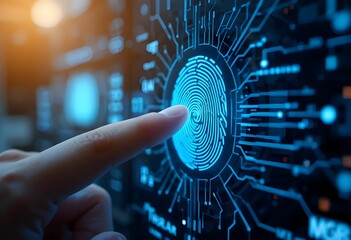 Finger pressing against a digital fingerprint scanner, illuminated lines and circuit overlay, dark tech lab setting.