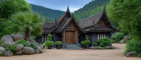 Magnificent Asian-inspired wooden house in mountain: A picturesque Asian-inspired wooden house stands elegantly against a backdrop of lush greenery and rolling mountains.