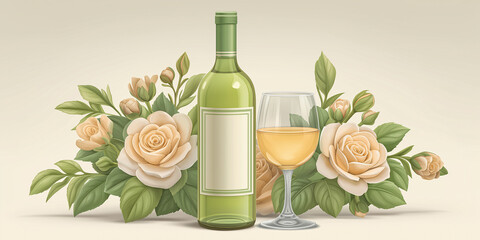 Wine and Roses: A harmonious still life, showcasing a pristine glass of white wine accompanied by a bottle and a delicate arrangement of fresh roses, evokes an atmosphere of refined elegance.