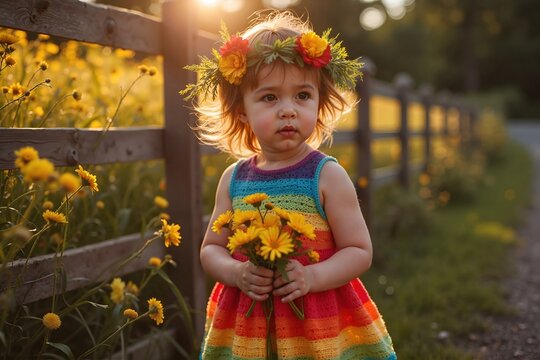 Sweet Toddler in Rainbow Dress with Flower Crown by Rustic Fenc