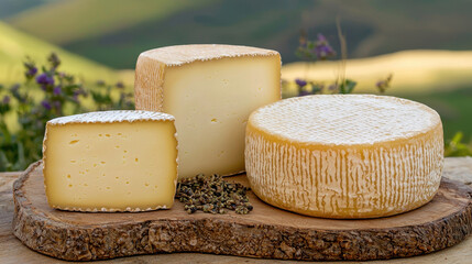 Creamy cheese varieties displayed on wooden board, surrounded by herbs and scenic landscape, evoke sense of rustic charm and freshness