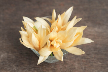 White Champaka Flowers in Low glass vase on wooden table With Sunlight.