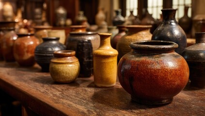 Assorted pottery displayed on a wooden table