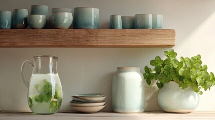 Airy summer kitchen with wooden open shelving, a pitcher of mint water, pastel ceramics, minimalist aesthetic
