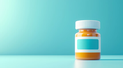 Prescription medicine bottle with blank label Orange plastic prescription bottle with a blank blue label and white cap, set against a clean turquoise background for medical use concepts