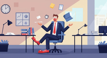 cartoon businessman juggling objects in office, symbolizing multitasking work-life balance. playful, humorous take on professional setting. office poster, business presentation, workplace humor.