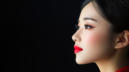 Fototapeta premium Stunning portrait of woman with elegant makeup, showcasing her profile against dark background. vibrant red lips and defined eyeliner enhance her