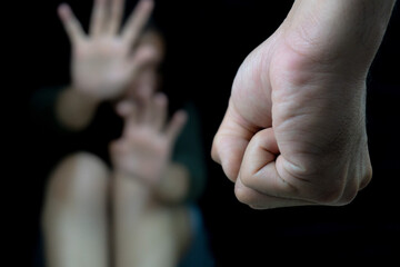 Stop Fearful Woman Defending Herself From Violence Domestic Abuse Concept.