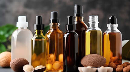 A collection of glass bottles filled with various body care cosmetics.