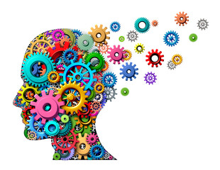 Cognitive Decline and Brain loss or losing memory and intelligence due to neurological trauma and head injury or alzheimers disease caused by aging with gears and cogs in the shape of a human face.