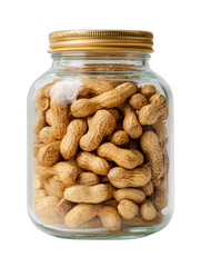 Roasted peanuts are visible inside transparent glass jar, showcasing their natural texture and color. jar golden lid adds touch of elegance, making it appealing display for snacks