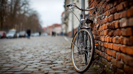 A solitary bicycle rests by a brick wall, evoking a sense of quiet longing in the urban haze.