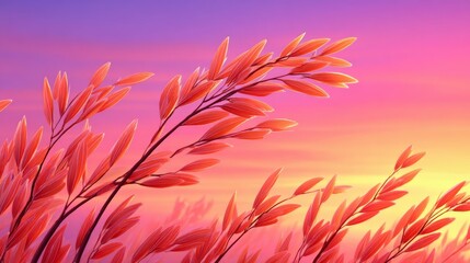 Obraz premium Vibrant pink and orange grass blades sway against a colorful sunset sky