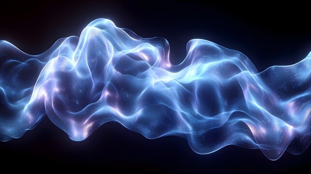An abstract image featuring glowing, ethereal waves of light blue and subtle purple smoke, creating a mystical and fluid pattern against a dark background.