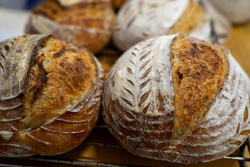 A close-up of sourdough bread reveals its golden, crispy crust and airy, textured crumb, highlighting the artisanal quality and rustic charm of homemade baking.