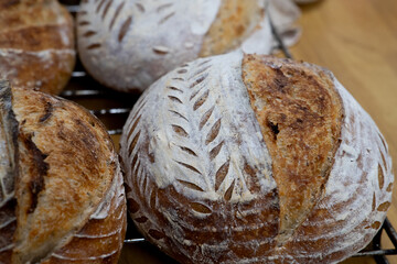 A close-up of sourdough bread reveals its golden, crispy crust and airy, textured crumb, highlighting the artisanal quality and rustic charm of homemade baking.