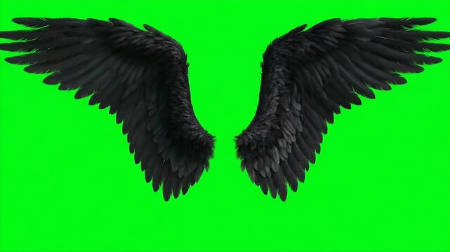 Black Feathered Angel Wings on Green Screen