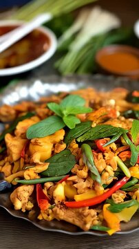 Sri Lankan kottu, chopped roti stir-fried with vegetables and chicken, served on a metal plate. A flavorful and traditional dish from Sri Lanka