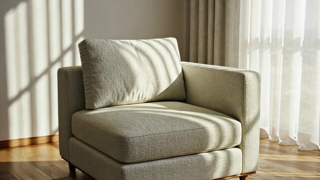 Sunlight graces a modern armchair by a window