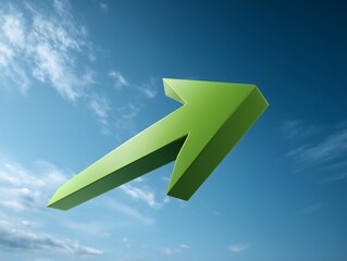 Green arrow pointing upward, 3D arrow in blue sky, Growth or success concept background