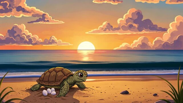 Cartoon turtle laying eggs on beach during sunset