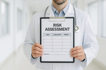 A doctor holding a clipboard with a risk assessment form in a bright, clinical environment.