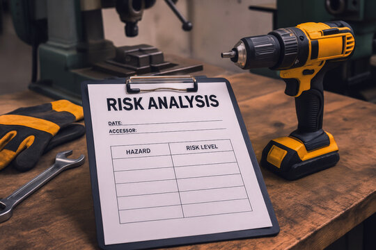 A clipboard labeled "Risk Analysis" sits on a workbench beside a cordless drill and gloves in a workshop setting.