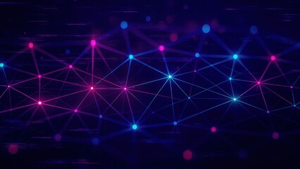 Neon blue and pink network lines connecting data nodes on dark digital technology background
