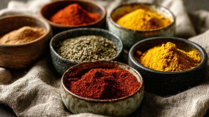 Assorted kitchen spices in ceramic bowls, paprika, turmeric, cumin, on warm neutral linen cloth, flat lay composition
