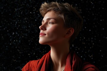 A woman with short hair and a red scarf is looking up at the camera. She has a smile on her face and she is enjoying the moment