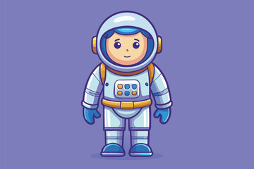 Stylized astronaut character standing against a vibrant purple background with a friendly expression and detailed suit design