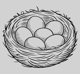 Nest of Potential: A delicately rendered line art illustration captures the serene simplicity of a bird's nest brimming with eggs, symbolizing new life, growth, and the potential for beginnings. 