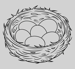 Nest with eggs illustration:  A detailed black and white illustration features a bird nest brimming with eggs, capturing a sense of serenity and the promise of new life. 