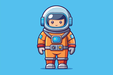 Cute cartoon astronaut character in orange space suit against a blue background, showcasing a playful design