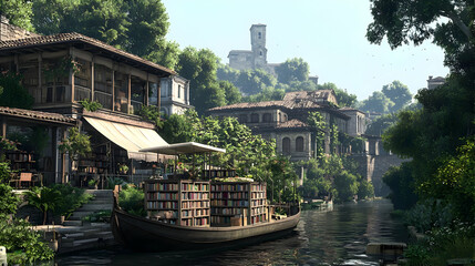Pixelated Old Town Canal Scene With Bookshop Boat